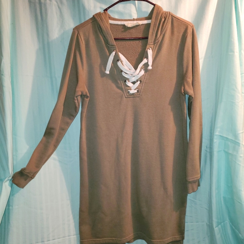 Tan Lace-Up Hoodie Dress